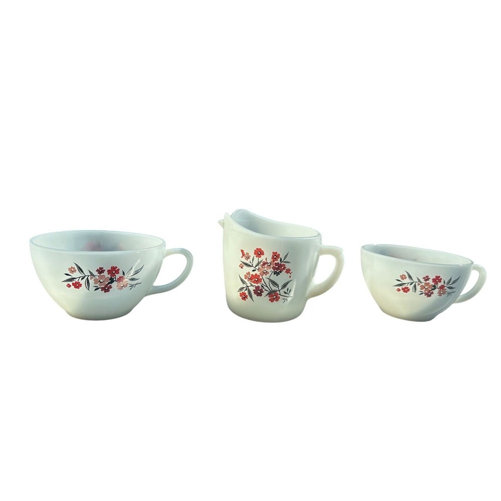 Vintage Fire-King Primrose Milk Glass Set 2 Cups and 1 Creamer Red Pink Floral